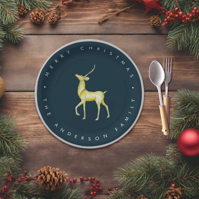 Minimalist Watercolor Reindeer Merry Christmas Paper Plates (Creator Uploaded)