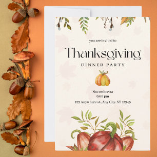 Minimalist Watercolor Thanksgiving Dinner Party Invitation
