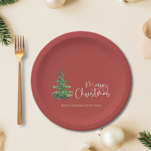 Minimalist Watercolor Tree Merry Christmas Party  Paper Plates