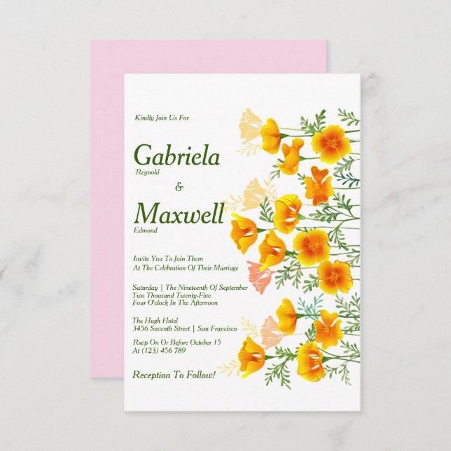 Minimalist Watercolour California Poppy Wedding Invitation (Front/Back)