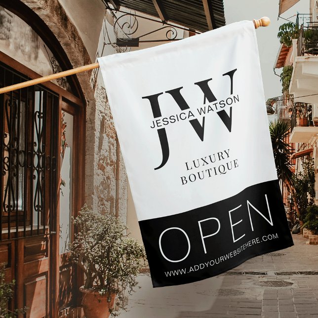 Minimalist We Are Open Salon Initials Shop Flag (We Are Open Minimalist Black & White Shop Flag With Space For Your Logo)