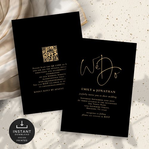 Minimalist We Do Gold Script QR Code Wedding Black Invitation