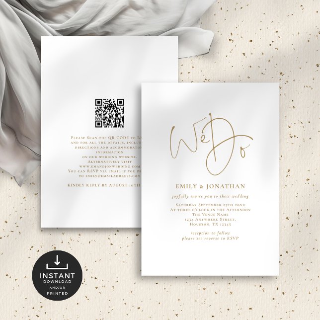 Minimalist We Do Gold Script QR Code Wedding Invitation (Front and back view)