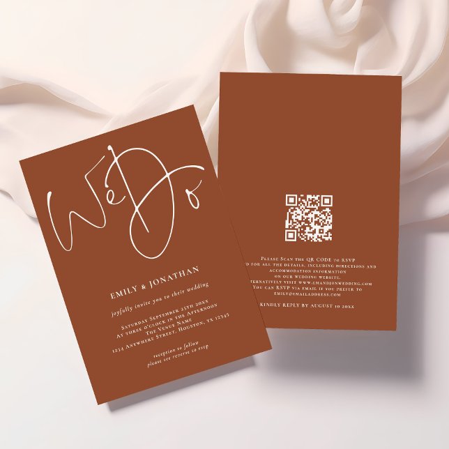 Minimalist We Do Script Terracotta QR Code Wedding Invitation (Front and back view)