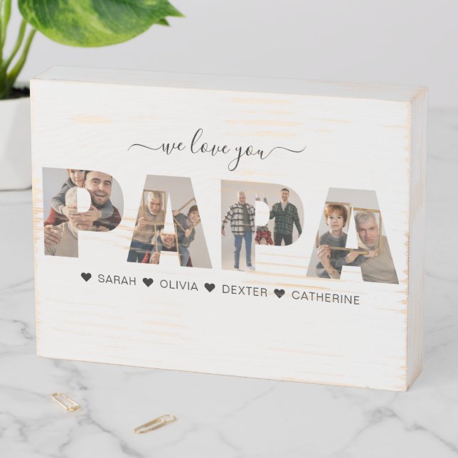 Minimalist We Love You PAPA Photo Collage Wooden Box Sign (In Situ Horizontal)
