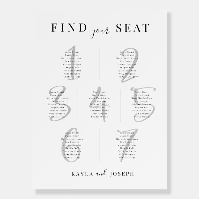 Minimalist Wedding 7 Table Seating Chart Sign (Front)