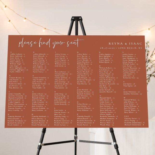 Minimalist Wedding Alphabetical Seating Chart Foam Board (In Situ (Stand))