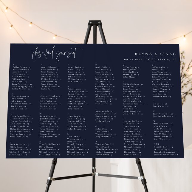 Minimalist Wedding Alphabetical Seating Chart Navy Foam Board (In Situ (Stand))