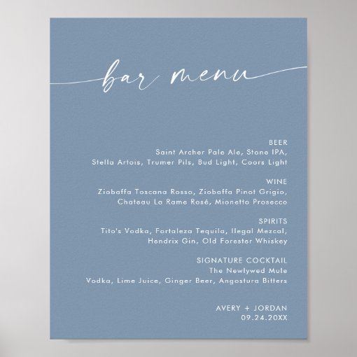 Minimalist Wedding Bar Menu, Blue Drink Menu Sign Zazzle