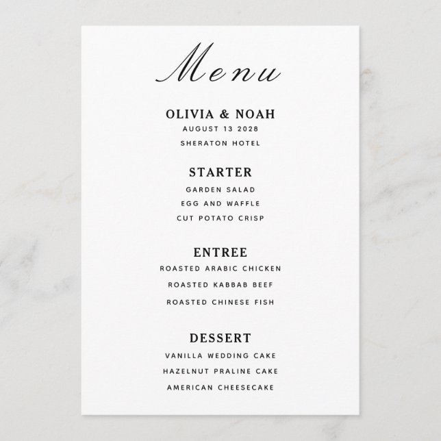 Minimalist Wedding Black & White Menu Card  (Front)