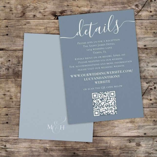 Minimalist Wedding Blue Details QR Code Website Enclosure Card (Creator Uploaded)