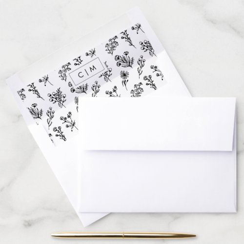 Minimalist Wedding Botanical Pattern Black  White Envelope Liner