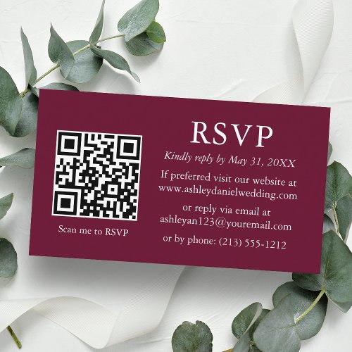 Minimalist Wedding Burgundy QR RSVP Enclosure Card