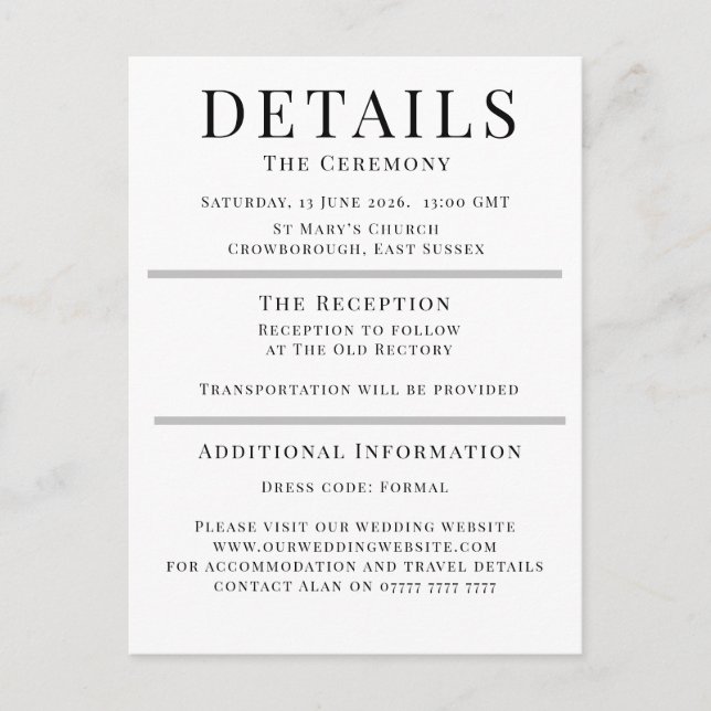 Minimalist Wedding Details Card | Elegant Editable (Front)