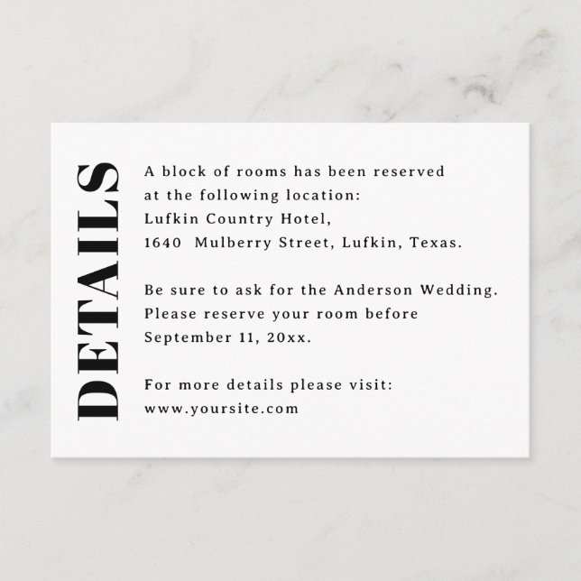Minimalist Wedding Details | Hotel & Accommodation Enclosure Card (Front)