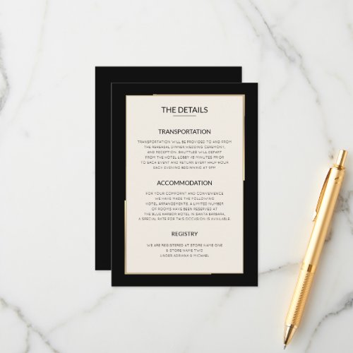 Minimalist Wedding Details  on Black Enclosure Card