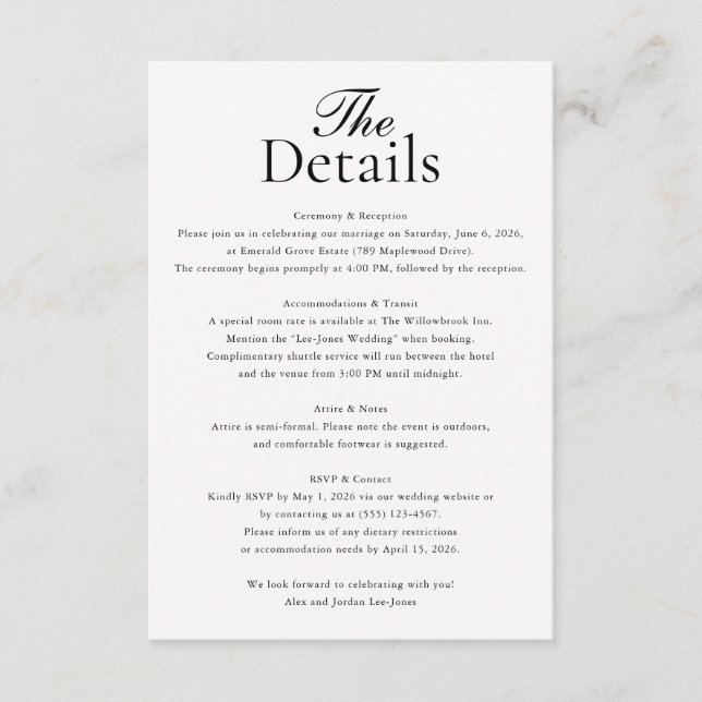 Minimalist Wedding Details Photo White Enclosure Card (Front)