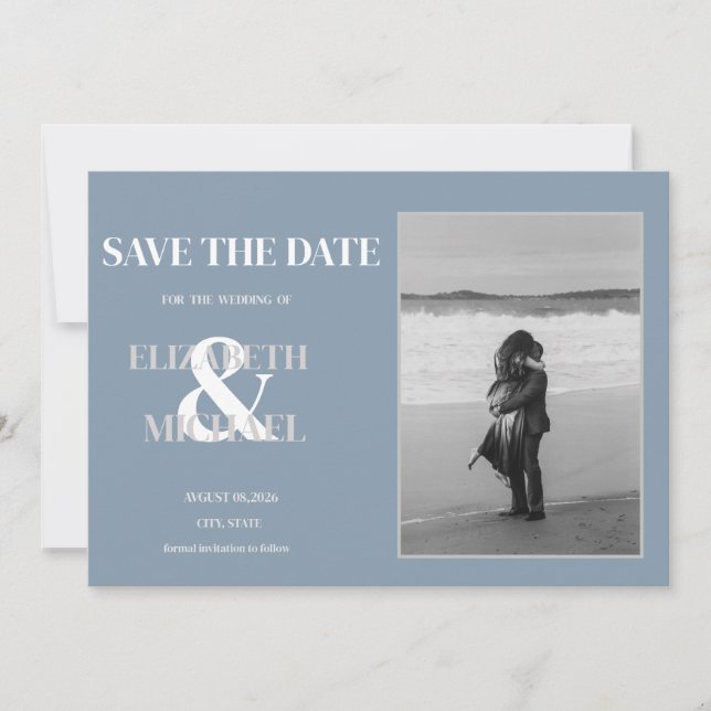 Minimalist Wedding Dusty Blue Photo Save The Date (Front)