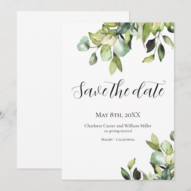 Minimalist Wedding | Elegant Green Botanical Save The Date (Front/Back)