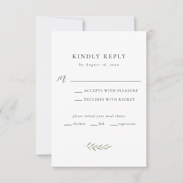 Minimalist Wedding Elegant Modern Greenery Script RSVP Card (Front)