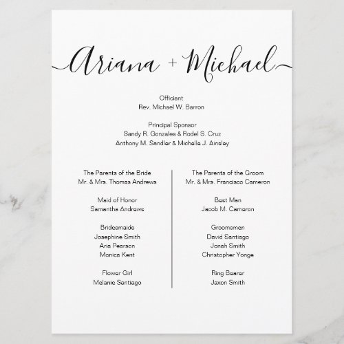 Minimalist Wedding Entourage list Simple Elegant  Program