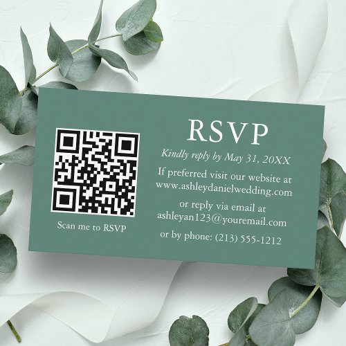 Minimalist Wedding Eucalyptus Green QR RSVP Enclosure Card