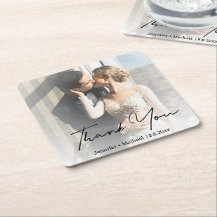 minimalist wedding faded photo thank you square paper coaster
