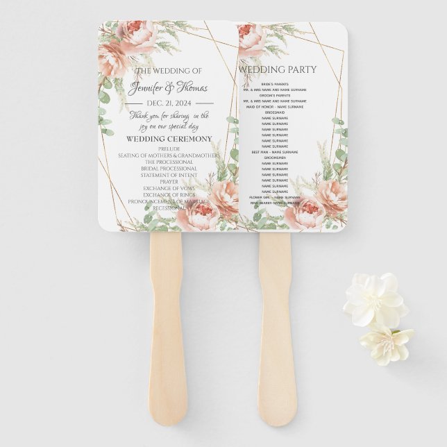 Minimalist Wedding Fan Program  Blush Roses (Front and Back)