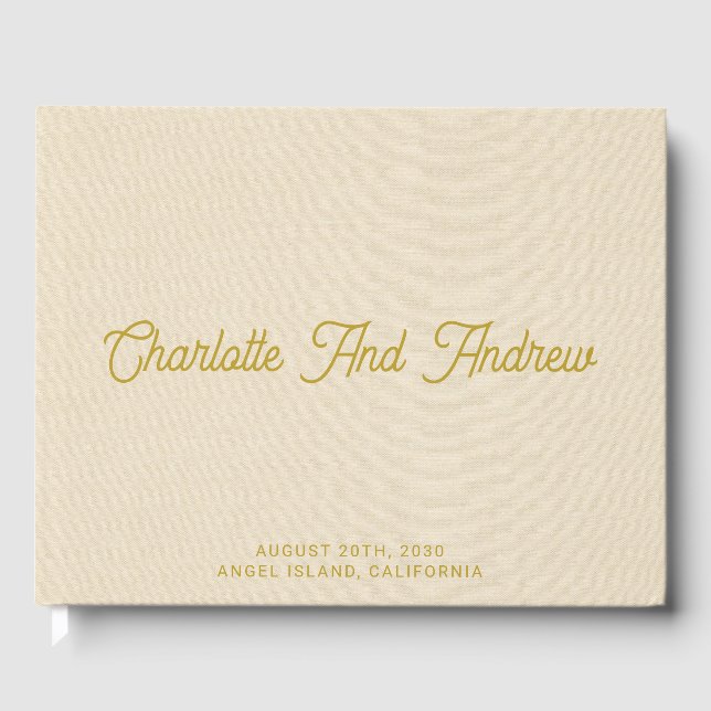 Minimalist Wedding Gold Monogram Cream Faux Linen  Guest Book (Front)