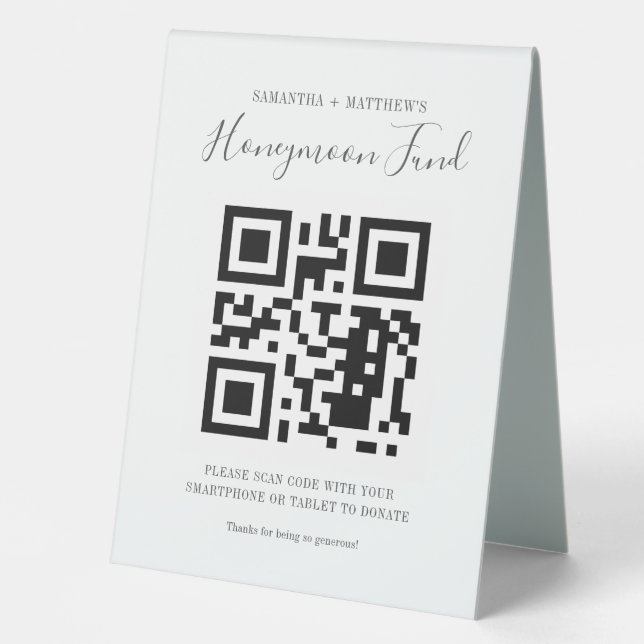 Minimalist Wedding Honeymoon Fund QR Code Donation Table Tent (Front)