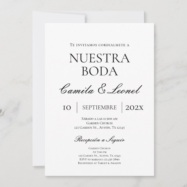 Minimalist Wedding in Spanish Invitation (Front)