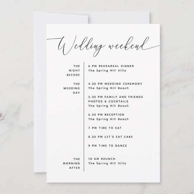 Minimalist Wedding Itinerary | Weekend Timeline Invitation (Back)