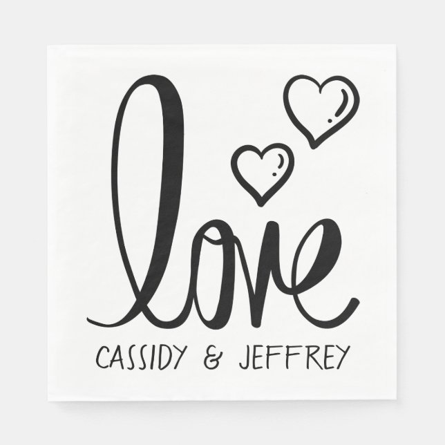 Minimalist Wedding Love Heart Black White Bridal Napkins (Front)