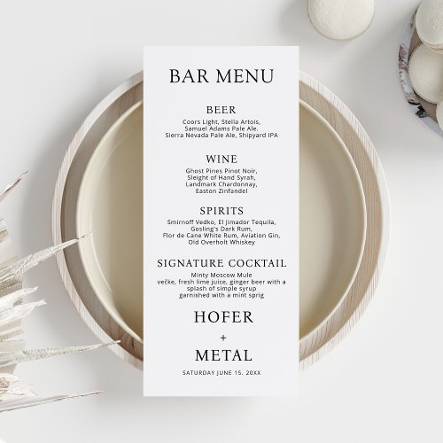 Minimalist Wedding Menu Script Reception Dinner Invitation