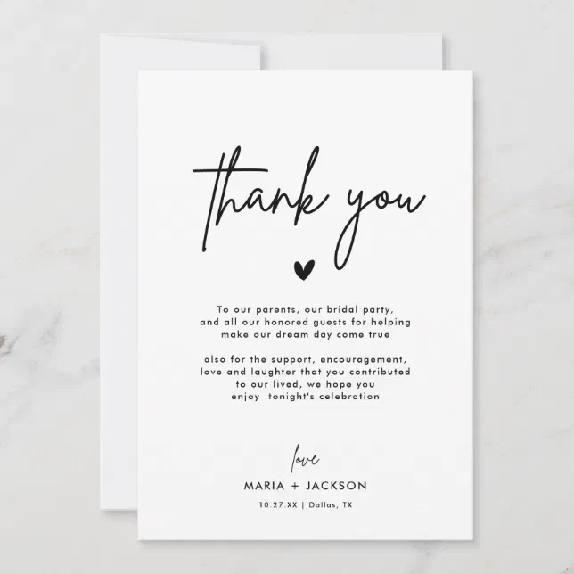 Minimalist Wedding Menu Thank You Note Cards | Zazzle