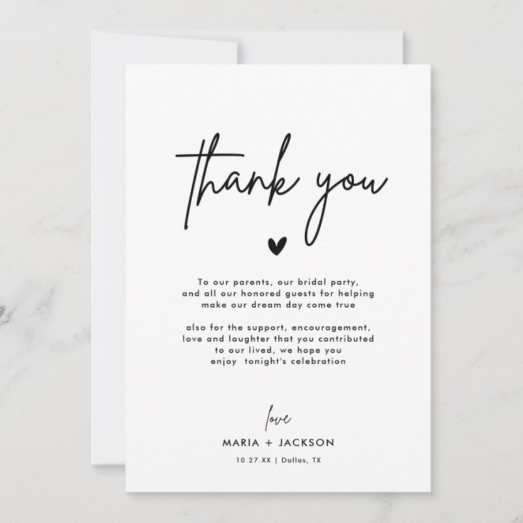 Minimalist Wedding Menu Thank You Note Cards | Zazzle