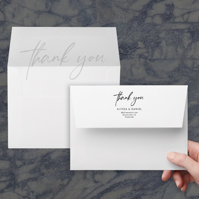 Minimalist Wedding modern script thank you Envelope (Custom wedding thank you envelopes with return address with watermark lining.)