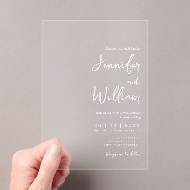 Minimalist Wedding Modern Script Typography White Acrylic Invitations (Insitu (Handheld))