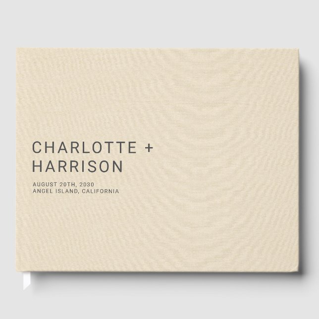Minimalist Wedding Monogram Cream Faux Linen  Guest Book (Front)