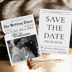 Minimalist Wedding Newspaper Photo Save The Date Invitation