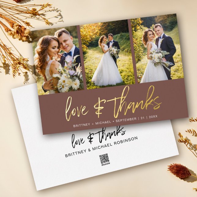 Minimalist Wedding Photo Collage Boho Thank You Foil Invitation (Show your appreciation to your loved ones with an awesome photo thank-you card!)