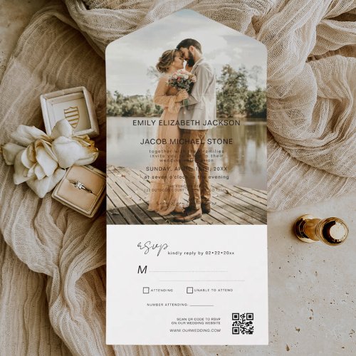 Minimalist Wedding Photo QR Code Elegant All In One Invitation