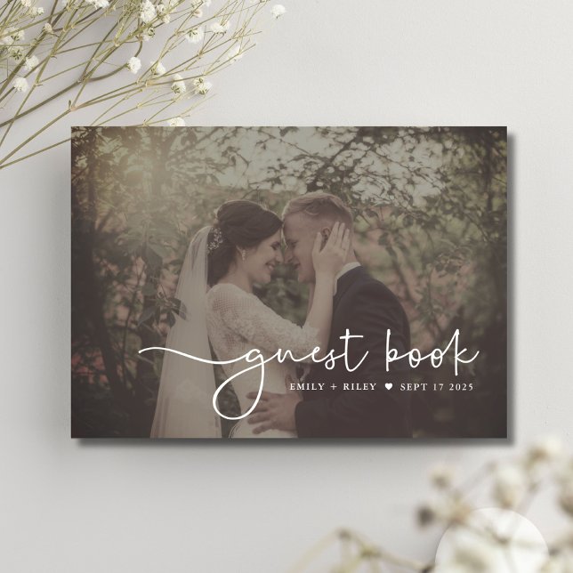 Minimalist Wedding Photo Script Monogram | White Guest Book (Creator Uploaded)