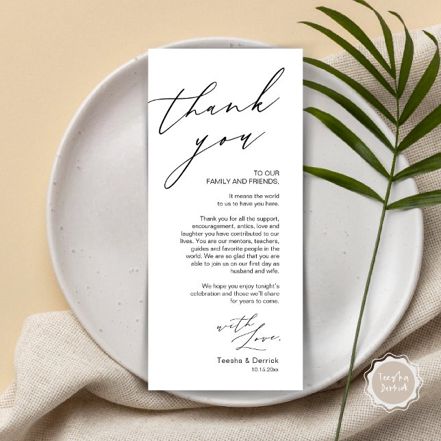 Minimalist Wedding Place Setting Thank You Card (Wedding Place Setting Dinner Thank You Card, Modern Romantic Script, in Black and White)