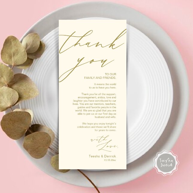 Minimalist Wedding Place Setting Thank You Card (Wedding Place Setting Dinner Thank You Card, Modern Romantic Script, in Classy Yellow Gold)