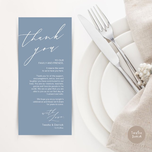 Minimalist Wedding Place Setting Thank You Card (Wedding Place Setting Dinner Thank You Card, Modern Romantic Script, in Dusty Blue)