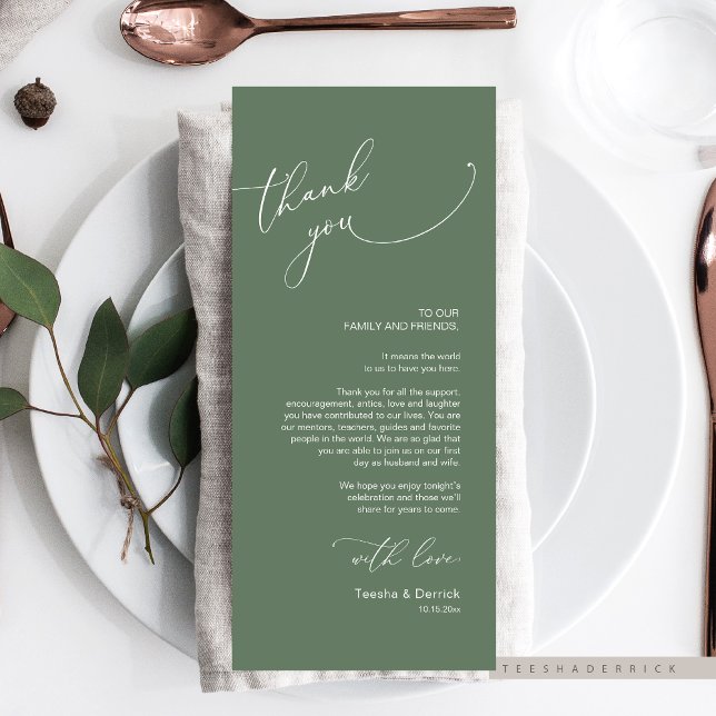 Minimalist Wedding Place Setting Thank You Card (Modern Romantic Wedding Place Setting Thank You Card, Dinner / Brunch Plate Decoration, Sage Green )