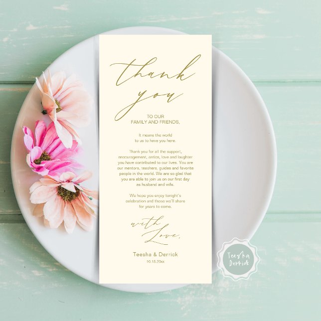 Minimalist Wedding Place Setting Thank You Card (Wedding Brunch, Lunch, Dinner Place Setting Thank You Card, Modern Minimalist Script, Classy Gold)