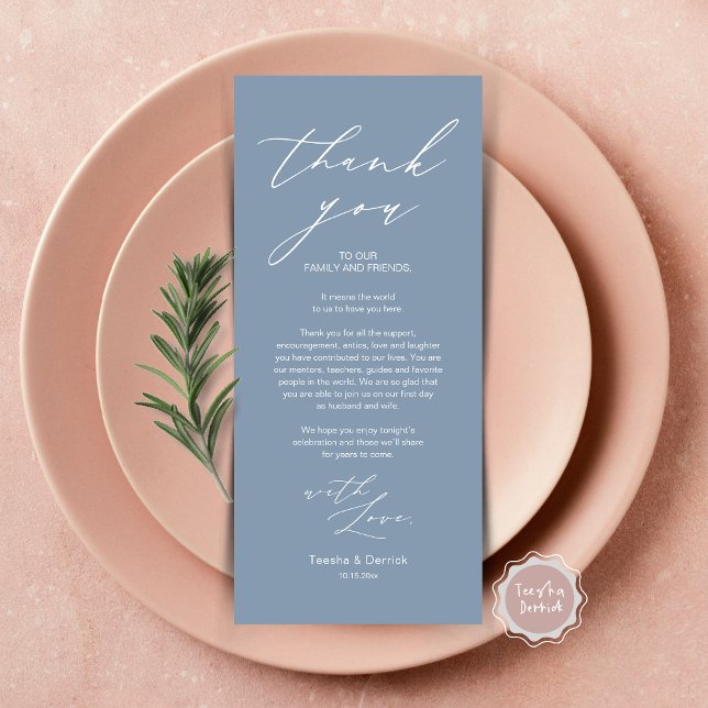 Minimalist Wedding Place Setting Thank You Card (Wedding Brunch, Lunch, Dinner Place Setting Thank You Card, Modern Minimalist Script, Dusty Blue)