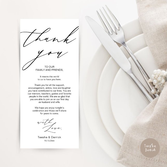 Minimalist Wedding Place Setting Thank You Card (Modern Minimalist Wedding Dinner Place Setting Thank You Card in Black White)